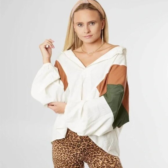 WE THE FREE/FREE PEOPLE Beating Hearts Color Block Linen Blend Oversized Top L - Picture 2 of 15